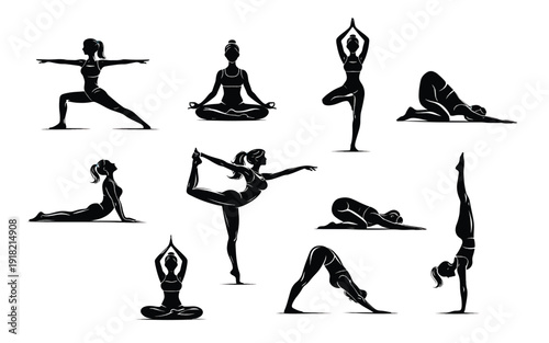 Yoga Pose Silhouettes Set – Women Practicing Meditation and Fitness Asanas Collection