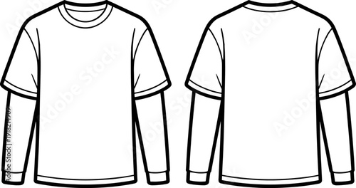 Layered Long Sleeve T Shirt Front and Back View Flat Vector Apparel Template for Casual Streetwear Design