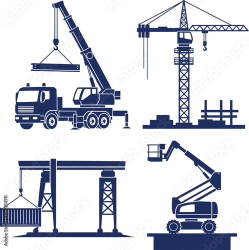 Construction Equipment Silhouettes Including Cranes and Aerial Lift Keywords: construction, crane, truck crane, tower crane, gantry