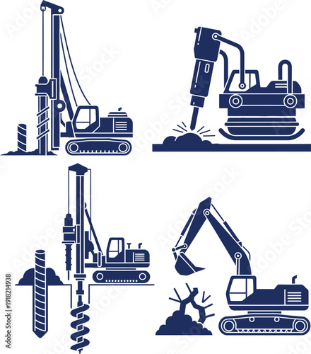 Construction Heavy Machinery Icons Set Drilling Excavator Compactor and Pile Driver Keywords: construction, machinery, equipment