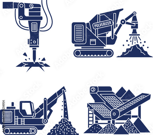 Construction Machinery Icons Jackhammer Crusher Excavator and Stone Crusher vector illustration