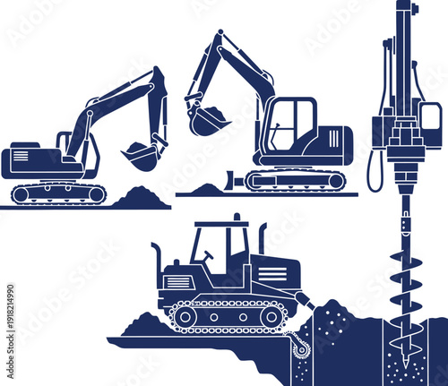 Construction Machinery Silhouettes Excavator Bulldozer Drill Digging drilling rig heavy machinery