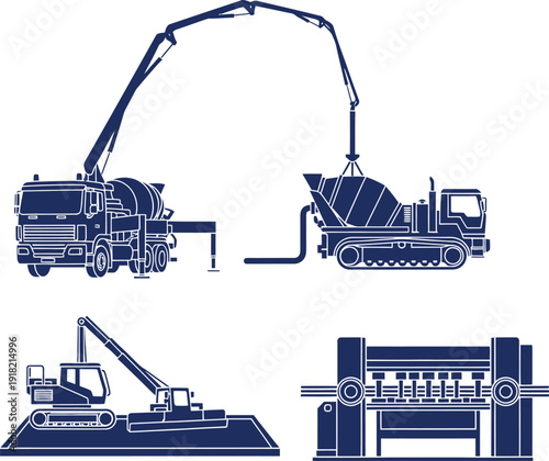 Construction Machinery Silhouettes including Concrete Mixer and Crane concrete mixer truck