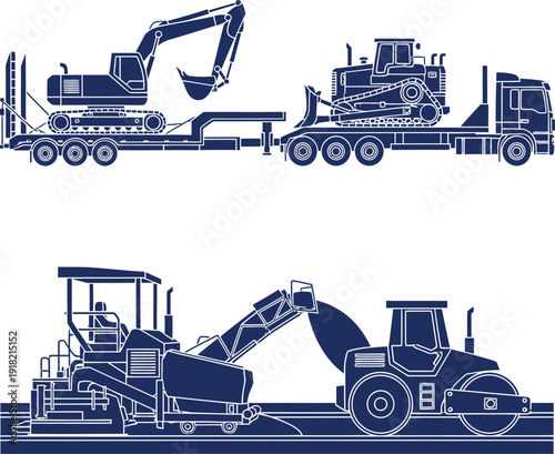 Construction Vehicle Silhouettes with Paver and Roller excavator bulldozer