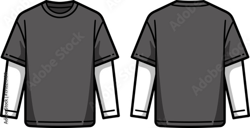 Layered Long Sleeve T Shirt Front and Back View Flat Vector Template for Modern Streetwear Apparel Mockup Design