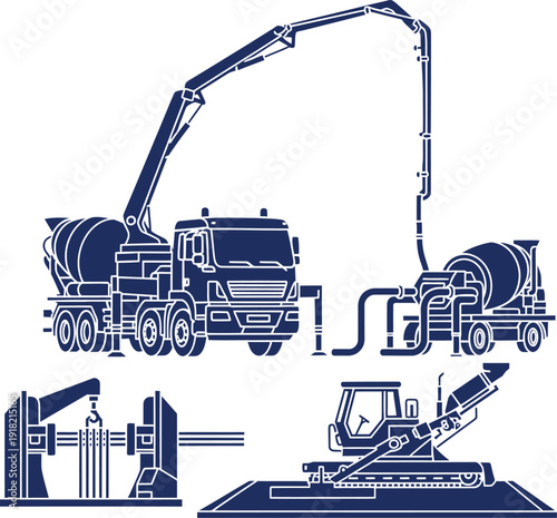 Construction Vehicles and Machinery Including Concrete Mixer Truck and Excavator cement truck