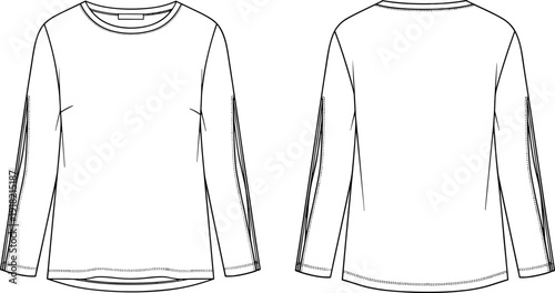 Long Sleeve T Shirt Technical Flat Sketch Front and Back View Minimal Fashion CAD Outline Template Vector Illustration