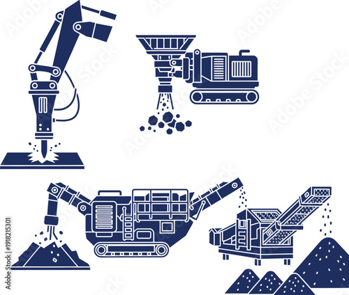 Industrial Crushing and Demolition Equipment Silhouettes Keywords: demolition, crushing, industrial equipment, machinery, heavy