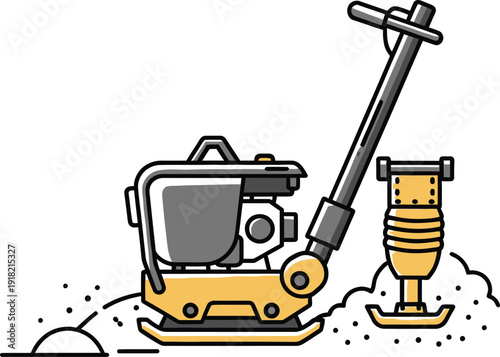 Plate Compactor Working on Soil with Flying Debris and Dust Keywords: plate compactor, soil compactor, construction equipment, road