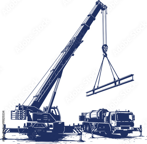 Mobile Crane Lifting Steel Beam Next to a Tanker Truck on White Background Keywords: mobile crane, truck crane, lifting, steel beam