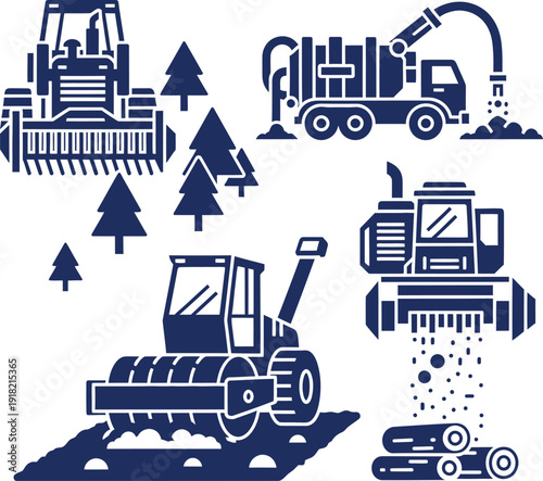 Set of construction and forestry equipment icons with trees Keywords: construction, forestry, equipment, machinery, tractor