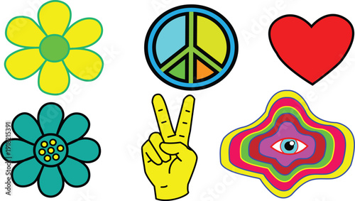 Vibrant peace and love symbols in colorful psychedelic art style