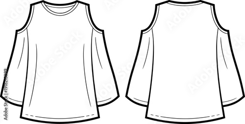 Women Cold Shoulder Bell Sleeve Blouse Front and Back View Flat Vector Fashion Template for Apparel Design Mockup