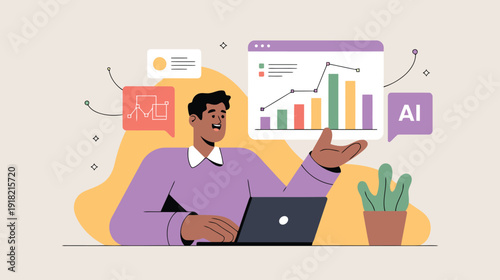 Happy professional presenting successful business growth statistics and ai data