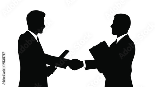 Corporate Business Agreement Silhouette Set Featuring Handshake Deal and Professional Partnership Negotiation Scene