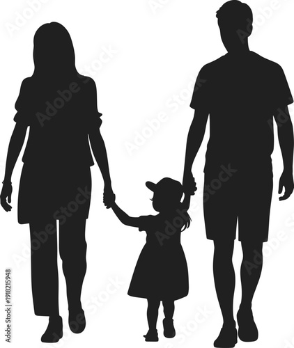 Silhouette family walking together, parents holding child’s hands, unity concept illustration, support artwork, care representation, love, togetherness, family bond