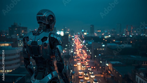 A robot looking down at the city at night from a building rooftop