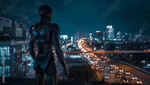 A robot looking down at the city at night from a building rooftop
