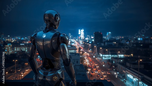 A robot looking down at the city at night from a building rooftop