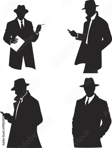Silhouette detective figures in trench coats, spy personas illustration, noir mystery concept, investigative artwork, espionage theme, classic style, secretive presence