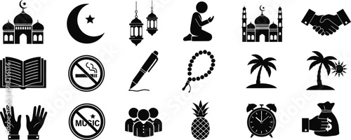 Black icons of mosques people praying and tropical symbols on white background