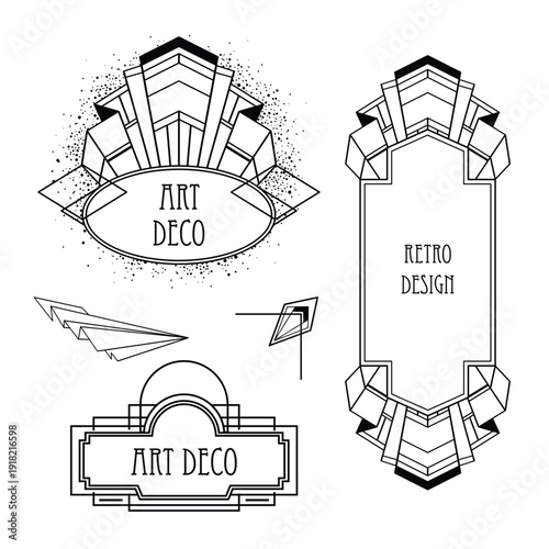 Black and white vector set of decorative Art Deco geometric elements. Elegant line art shapes inspired by 1920s design, perfect for frames, borders, posters, invitations, and coloring projects.
