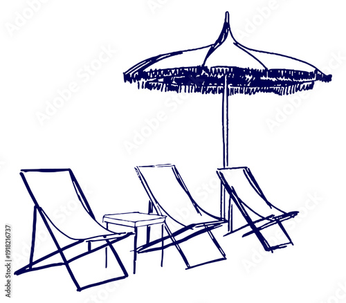 Hand Drawn Beach with Umbrella and Chair Sketch Vector Illustration for Summer