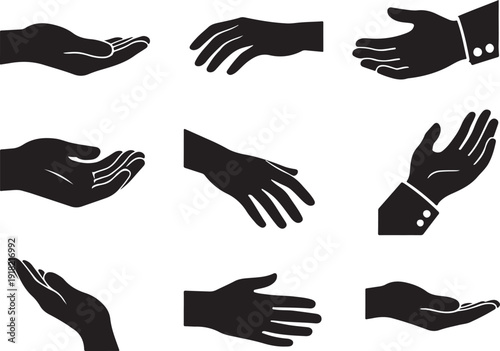 Collection of various hand gestures and positions in black silhouette on white background