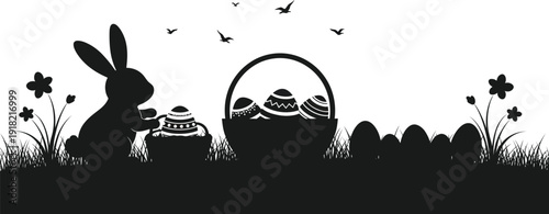 Serene easter bunny silhouette with decorated eggs in a basket on a spring meadow