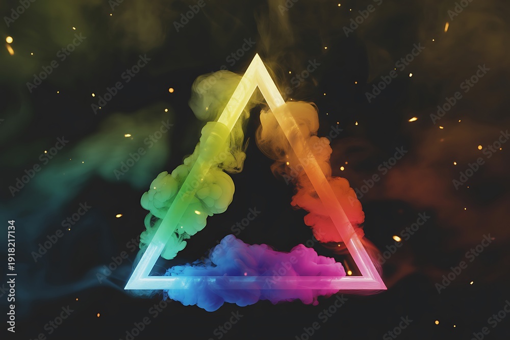 Fototapeta premium Vibrant rainbow triangle with smoke effect on dark background