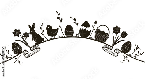Beautiful easter eggs and easter bunny with flowers in black and white illustration
