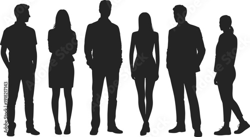 Silhouettes of people, standing group, casual attire, formal clothing, diversity, anonymity, teamwork, human posture, design elements, conceptual illustration, modern lifestyle