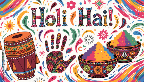 A vibrant and colorful illustration celebrating Holi with traditional Indian elements and festive designs