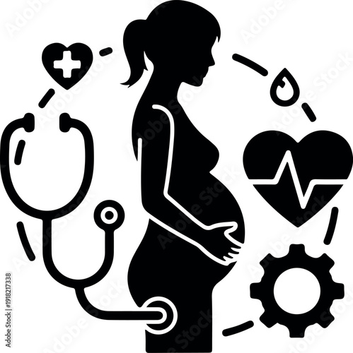 Pregnant woman healthcare concept with stethoscope, heart, medical cross, and fertility gear symbols in minimalist black and white illustration