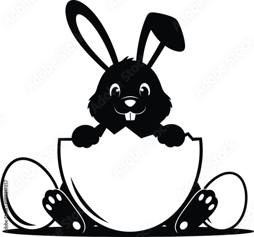 Adorable cartoon bunny hatching from eggshell with cute facial expression and playful posture