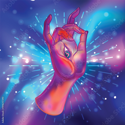 Lord Buddha hand with all-seeingl eye. Psychedelic colors. Hand drawn illustration. Invitation element. Astrology, alchemy, occult and magic symbol. Abstract cosmic background with stars..
