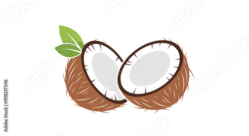Fresh Coconut Halves with Green Leaves, Tropical Fruit, Isolated White Background