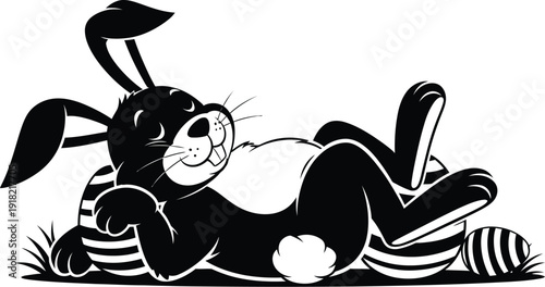 Happy cartoon rabbit lying on its back with long floppy ears relaxed in grass