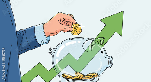 A hand places a dollar coin into a transparent piggy bank in front of a large green upward arrow.