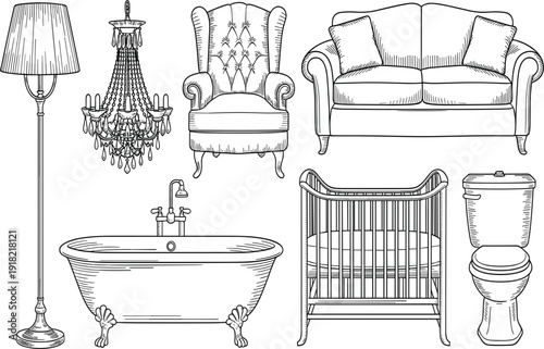 Hand drawn home interior furniture set including sofa, armchair, bathtub, baby crib, lamp, and chandelier