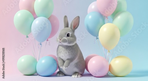 Wallpaper Mural A cute gray bunny surrounded by colorful balloons on a pastel background Torontodigital.ca