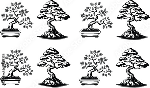 Collection of black and white bonsai tree sketches featuring different styles and pots for Japanese gardening