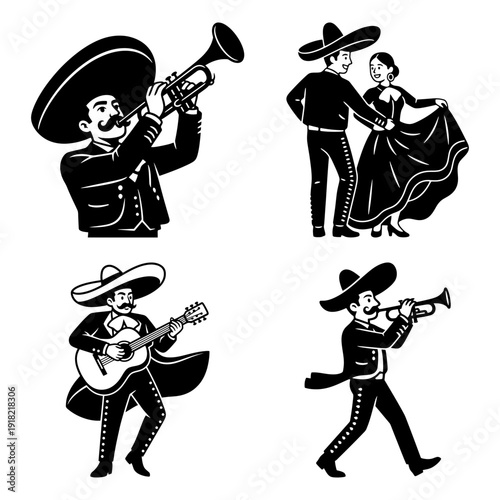 Cinco de Mayo Icon Set with Mariachi Trio Cute Sombrero Face and Tequila Shot