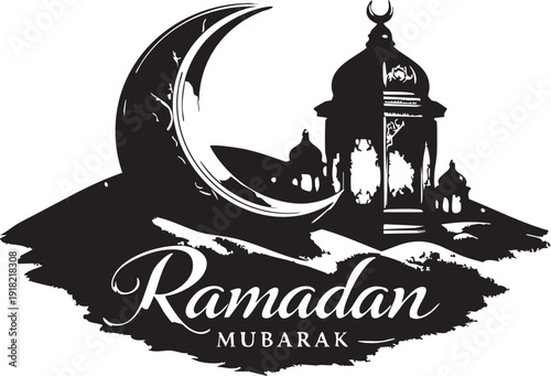 Vintage black vector illustration of a castle and houses with a boat in grunge stamp style