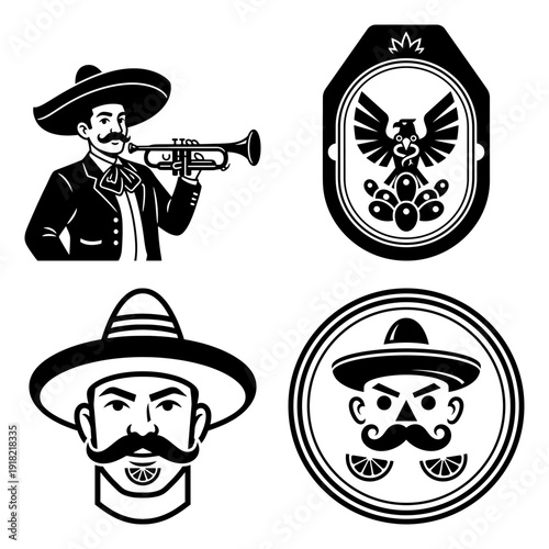 Cinco de Mayo Sombrero Mustache Face Icon Set with Lime and Snacks