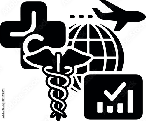 Travel booking confirmation with airplane globe luggage and checkmark icon set on white background for trip planning success