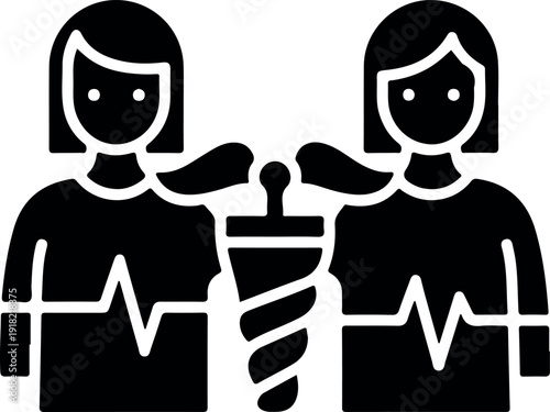 Two robots holding DNA helix symbol teamwork science technology innovation medical research futuristic collaboration black white vector illustration