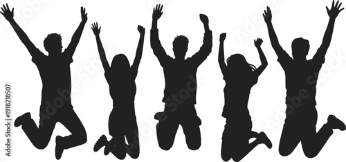 Silhouette of people jumping with joy, celebration, unity, teamwork, happiness, freedom, energy, success, motivation, lifestyle, expressive movement