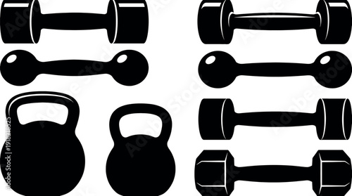 Dumbbells and kettlebells icons set – fitness weights silhouette vector