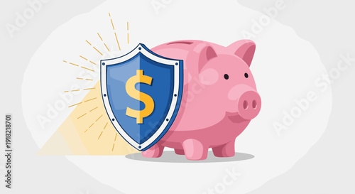A pink piggy bank protected by a blue shield with a golden dollar sign, symbolizing financial security and savings.